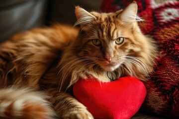 cat with plush soft red heart Lover Valentine cat with a red heart