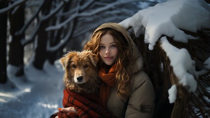 Happy girl and her dog in the forest in the snow