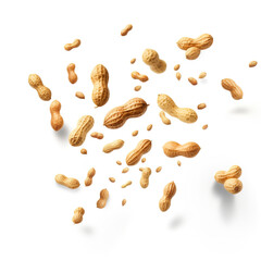 isolated peanuts flying on white background