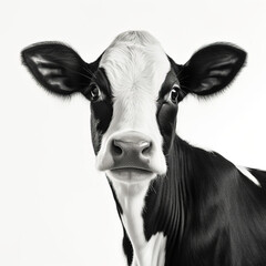 black and white cow image on white background, full pose, side view