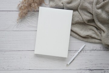 White blank hard cover book mockup for journal, planner, notebook, album cover design presentation,...