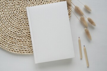 White hard cover book mockup for notebook, work book, calendar, planner or journal design...