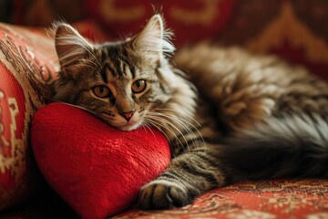 cat with plush soft red heart Lover Valentine cat with a red heart