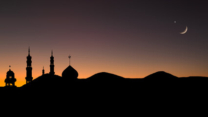 Musque Dome Night Building with Sky Moon Sunset Background Mubaruk Greeting Islam Ramadan Element Masjid Aqsa Hajj Kaaba Umrah Eid Arabian Religion Islamic Muhammad Arab Muslim Greeting.