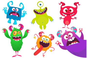 Cute cartoon Monsters. Set of cartoon monsters: goblin or troll, cyclops, ghost,  monsters and aliens. Halloween design. Vector illustration isolated