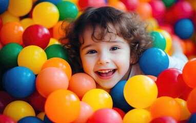 Joyful child plays surrounded to colored balls