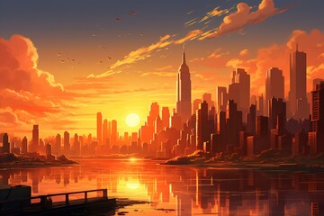 : An urban skyline bathed in the golden hues of the setting sun, where towering buildings create striking silhouettes against the warm,