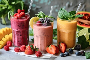 Vibrant berry. Refreshing packed smoothie in glass bursting and flavors perfect for healthy. Fruitful delight. Tempting of fresh berries luscious presented on wooden table healthy and delicious