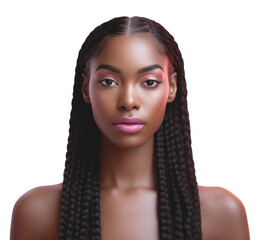 Young African woman with luxurious long hair. Isolated on a transparent background.