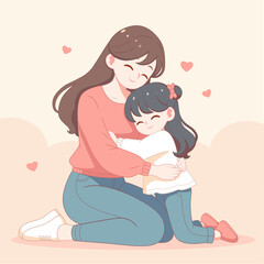 mother and daughter hugging flat design illustration