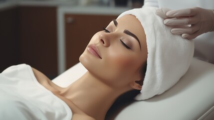 A Beauty expert massaging young woman's face Close up of beautiful Asian woman's head in white hat and doctor's hands in gloves lying on treatment bed.