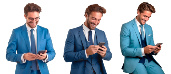 Male businessman in a blue business suit. Businessman smiling and looking at his phone. Isolated on a transparent background.