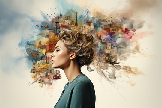 Anxiety and insomnia concept   head with overflowing thoughts and images causing sleep disruption.
