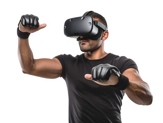 A young man wearing virtual reality glasses stands with his gloved hands raised. Isolated on a transparent background.