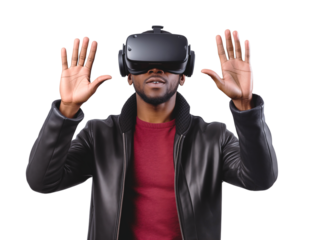 A young African-American man wearing virtual reality glasses stands with his hands raised. Isolated on a transparent background.