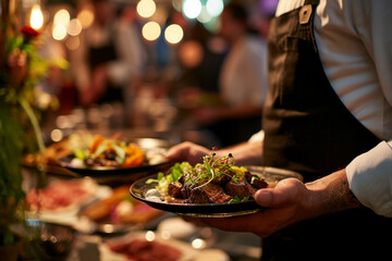 Waiter carrying plates with meat dish on some festive event, party or wedding reception restaurant - Powered by Adobe