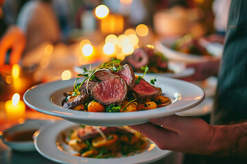 Waiter carrying plates with meat dish on some festive event, party or wedding reception restaurant