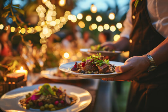 Waiter carrying plates with meat dish on some festive event, party or wedding reception restaurant