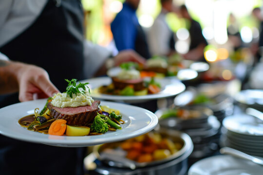Waiter carrying plates with meat dish on some festive event, party or wedding reception restaurant
