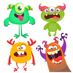Cute cartoon Monsters. Set of cartoon monsters: goblin or troll, cyclops, ghost,  monsters and aliens. Halloween design. Vector illustration isolated