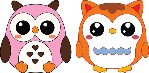 Set of cute Owl Squishmallow Illustration. Animal clipart to create worksheets or game for children