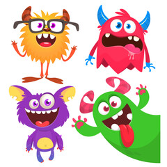 Funny cartoon monsters with different face expressions. Set of cartoon vector funny monsters characters. Halloween design for party decoration, stickers or package