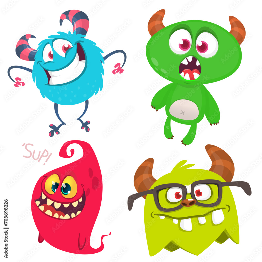 Wall mural Funny cartoon monsters with different face expressions. Set of cartoon vector funny monsters characters. Halloween design for party decoration, stickers or package - Wall murals