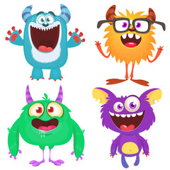Funny cartoon monsters with different face expressions. Set of cartoon vector funny monsters characters. Halloween design for party decoration, stickers or package