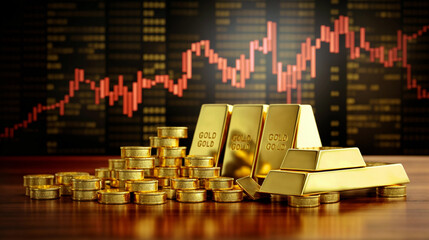Gold price throughout stock. Gold bars placed on top of stocks and stock charts. Generative AI.