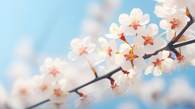 Beautiful spring flowers abstract nature background. Macro branches of blooming apricots in soft focus on a soft light blue sky background.  with copy space - generative ai