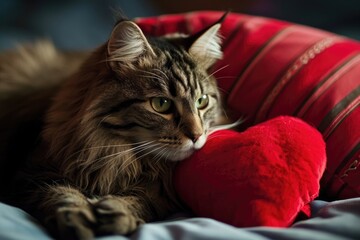 cat with plush soft red heart Lover Valentine cat with a red heart