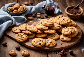 cookies and nuts on wooden tray, on top of table