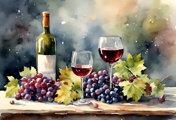 AI generated illustration of two wine glasses filled with red wine set on a wooden table - obrazy, fototapety, plakaty