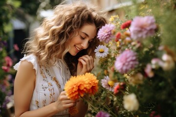 Obraz na płótnie Canvas Beautiful young woman with long curly hair and flowers in the garden