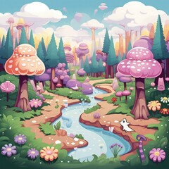 a cartoon forest with a stream running through it, candy forest, whimsical fantasy landscape art, magic fairy forest, enchanted magical fantasy forest, whimsical forest, fairy kingdom forest, magical 