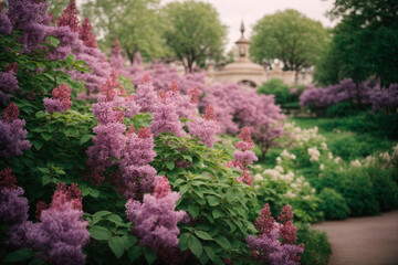 Fototapeta premium Beautiful landscape with blooming lilacs, harmony of comfort, generated by AI