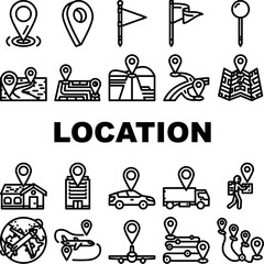 location pin map place point icons set vector. mark road, travel gps, position marker, web button, geo tag, red location pin map place point black contour illustrations