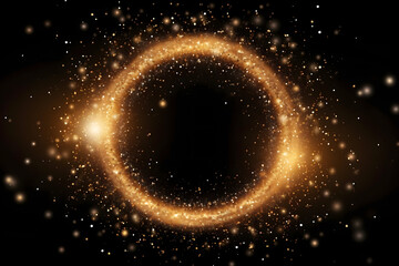 Gold glitter circle of light shine sparkles and golden spark particles in circle frame on black background. Christmas magic stars glow, firework confetti of glittery ring shimmer	