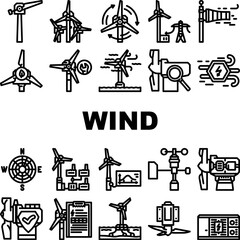 wind energy power turbine icons set vector. farm renewable, sustainable industry, electric generator, green environment, mill wind energy power turbine black contour illustrations