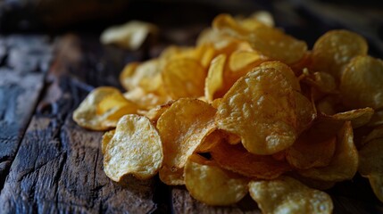 Crispy Golden Potato Chips Scattered on a Rustic Wooden Surface