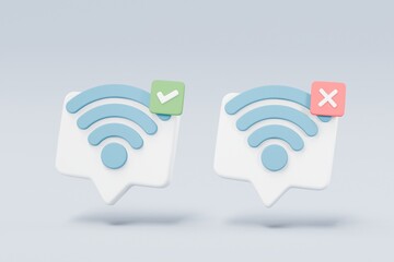 3d wireless or wifi and sharing network bubble icon with checklist correction bubble icon. Hotspot access point for false, problem 3d, fail to connect. 3d wifi connected icon .3d render illustration. - obrazy, fototapety, plakaty