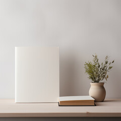 Mockup standing book with clear white cover on a wooden desk with small books and flower vase beside, light beige background. Home Interior ambiance.