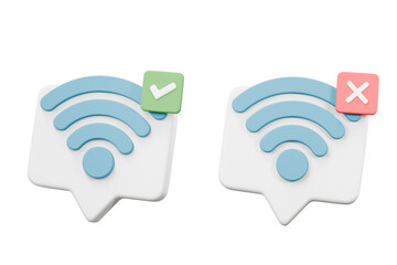3d wireless or wifi and sharing network bubble icon with checklist correction bubble icon. Hotspot access point for false, problem 3d, fail to connect. 3d wifi connected icon .3d render illustration.