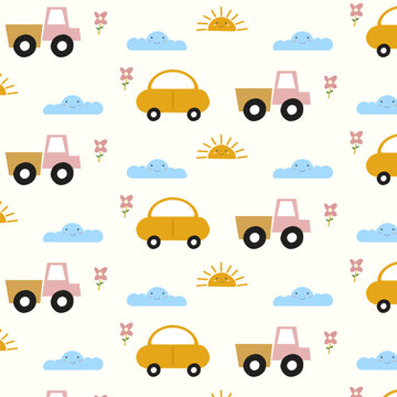 vector hand draw cute car and truck with cloud pattern seamless bohemian boho background kids wallpaper