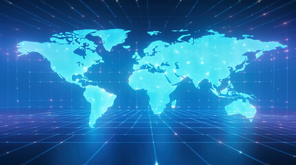 holographic of digital world map display, minimal gradient light blue background, technology