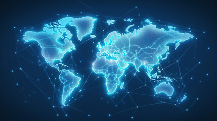 Obraz premium holographic of digital world map display, minimal gradient light blue background, technology