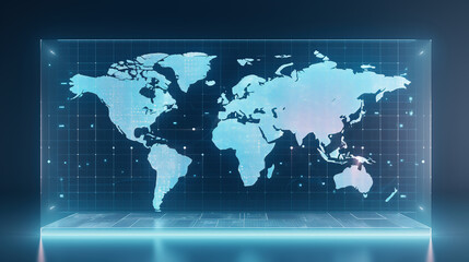 holographic of digital world map display, minimal gradient light blue background, it, technology