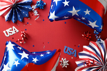 American flag balloons, paper fans, decorations on red background. Happy Presidents Day, 4th of...