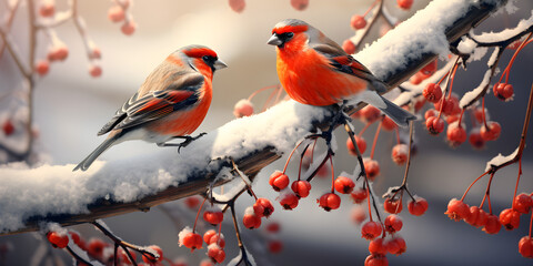 Red bird sitting on a branch covered with snow, A snowy rowan tree branch with red berries and a cardinal morning sunrise rays shining through sun. - obrazy, fototapety, plakaty
