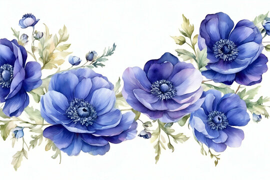 Watercolor Beautiful Anemone blue flower Garland
